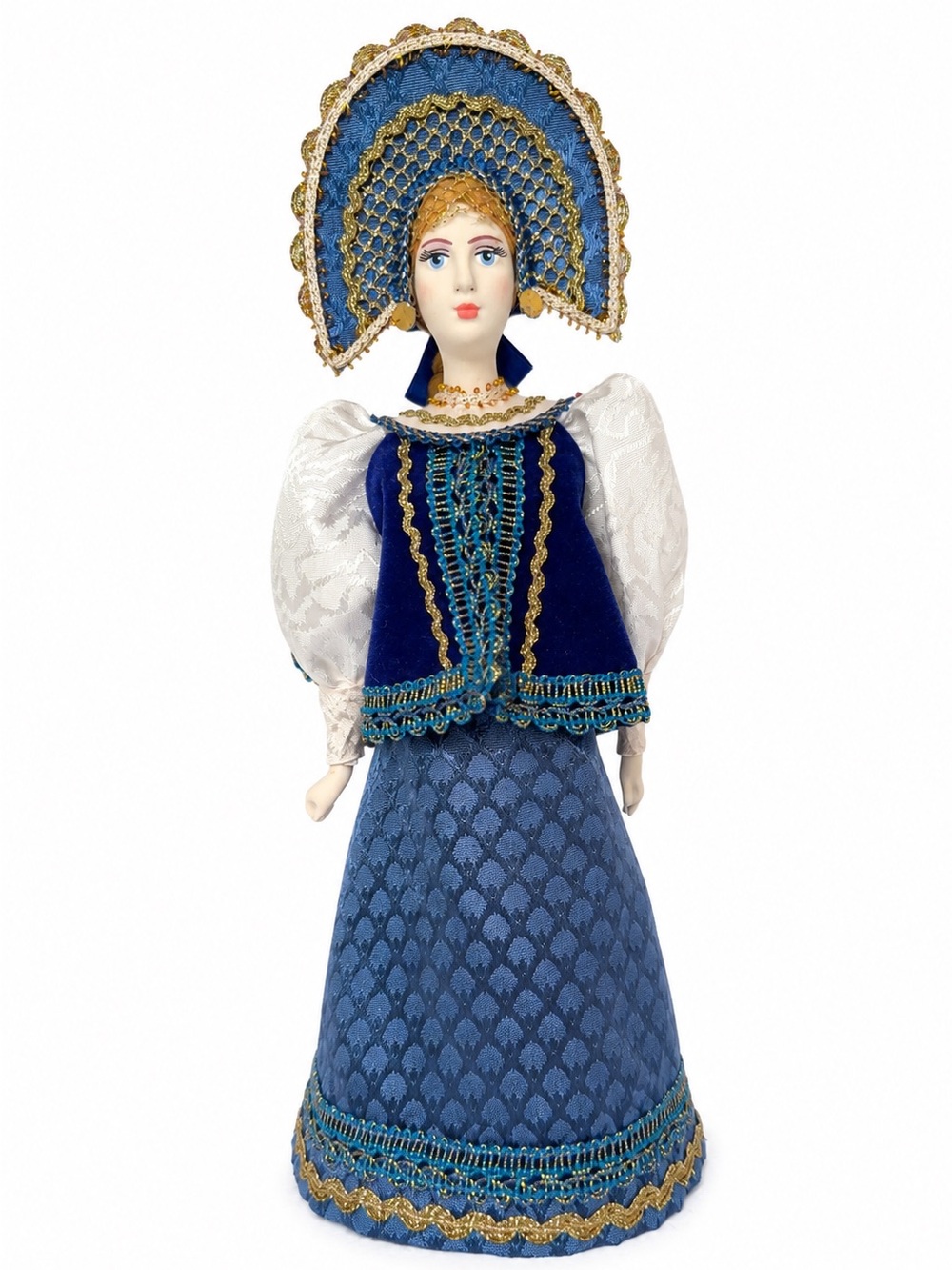 Collectible Russian Porcelain Cone Doll 10.5” Blue Kokoshnik Folk Art Figurine